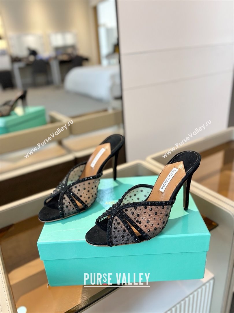 Aquazzura Crystals Slide Sandals 105MM A031421 Black 2025 (MD-25031421)