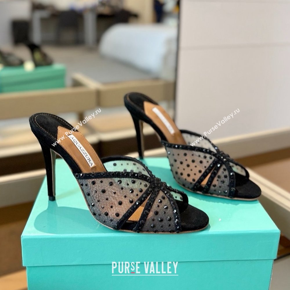 Aquazzura Crystals Slide Sandals 105MM A031421 Black 2025 (MD-25031421)