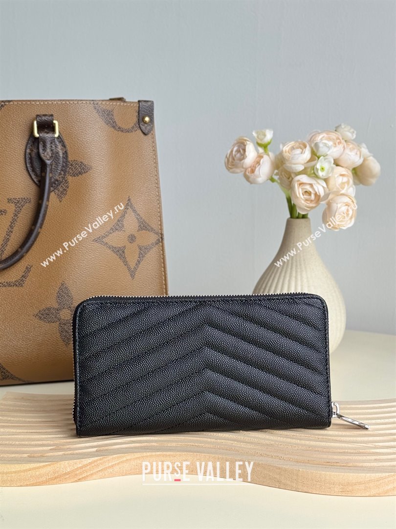 Saint Laurent Cassandre Matelasse Zip Around Wallet in Grained Leather 358094 Black/Silver 2025 (YY-250409060)
