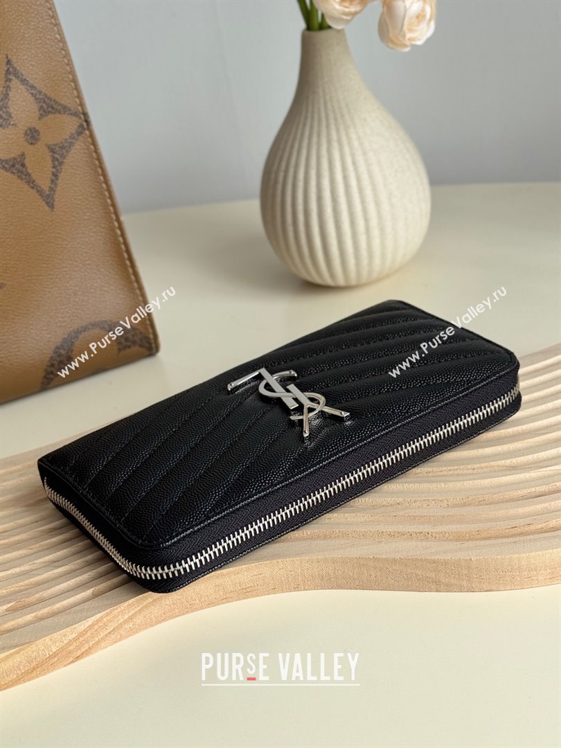Saint Laurent Cassandre Matelasse Zip Around Wallet in Grained Leather 358094 Black/Silver 2025 (YY-250409060)