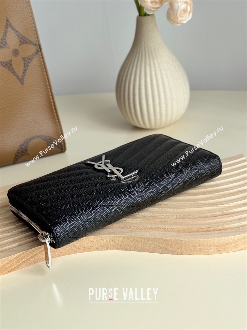Saint Laurent Cassandre Matelasse Zip Around Wallet in Grained Leather 358094 Black/Silver 2025 (YY-250409060)