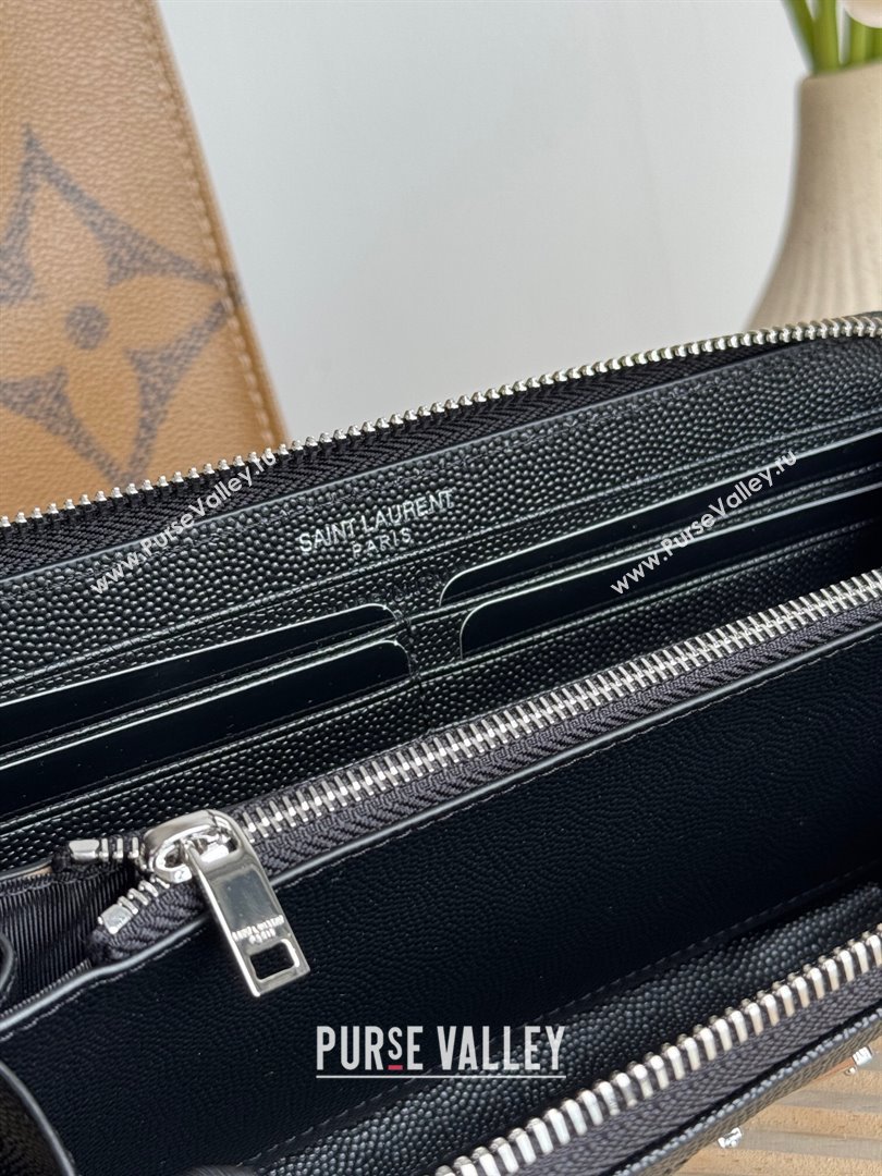 Saint Laurent Cassandre Matelasse Zip Around Wallet in Grained Leather 358094 Black/Silver 2025 (YY-250409060)