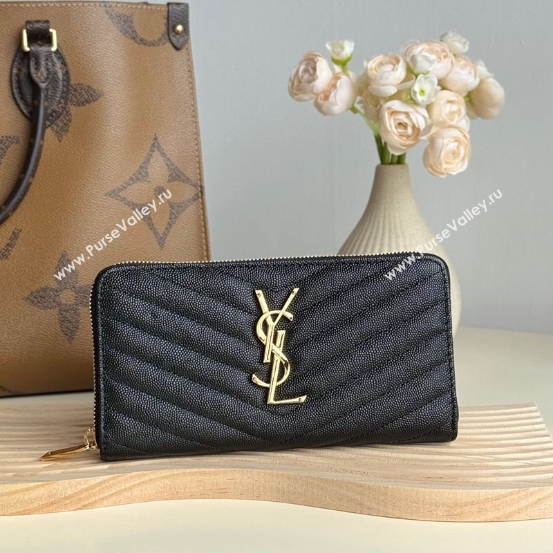 Saint Laurent Cassandre Matelasse Zip Around Wallet in Grained Leather 358094 Black/Gold 2025 (YY-250409059)