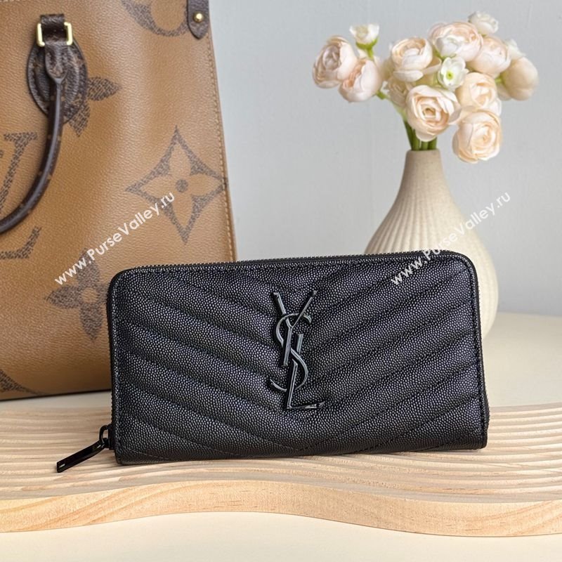 Saint Laurent Cassandre Matelasse Zip Around Wallet in Grained Leather 358094 All Black 2025 (YY-250409061)