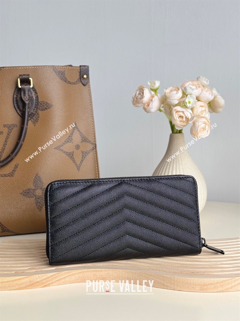 Saint Laurent Cassandre Matelasse Zip Around Wallet in Grained Leather 358094 All Black 2025 (YY-250409061)