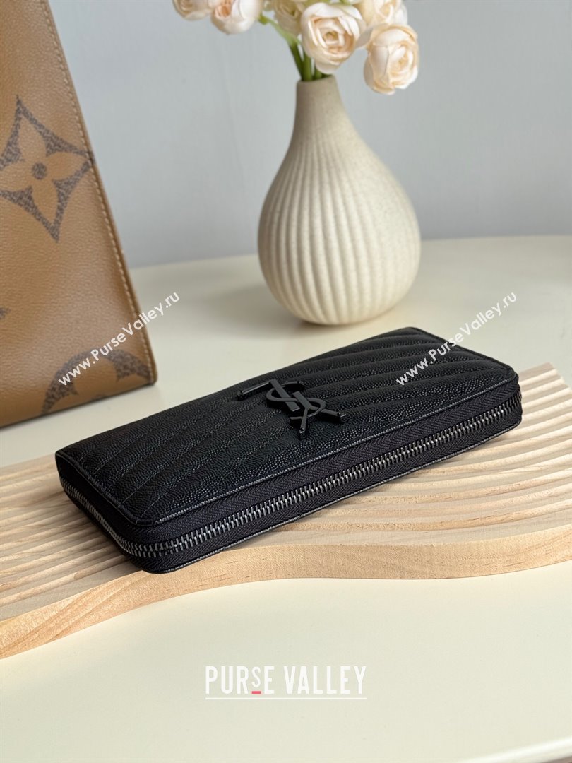 Saint Laurent Cassandre Matelasse Zip Around Wallet in Grained Leather 358094 All Black 2025 (YY-250409061)