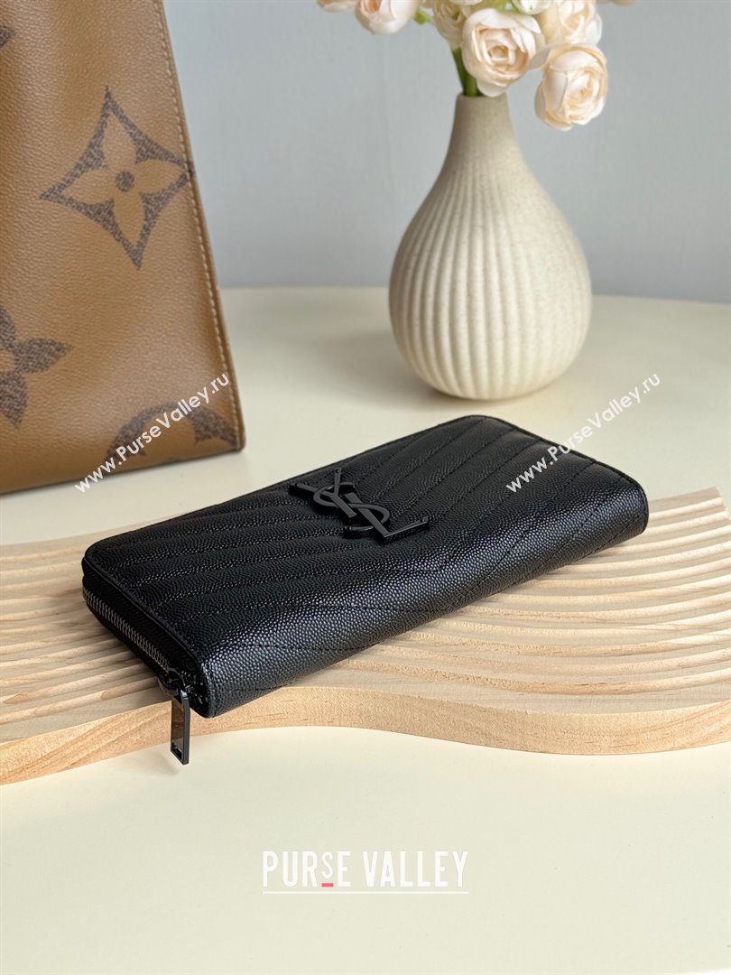 Saint Laurent Cassandre Matelasse Zip Around Wallet in Grained Leather 358094 All Black 2025 (YY-250409061)