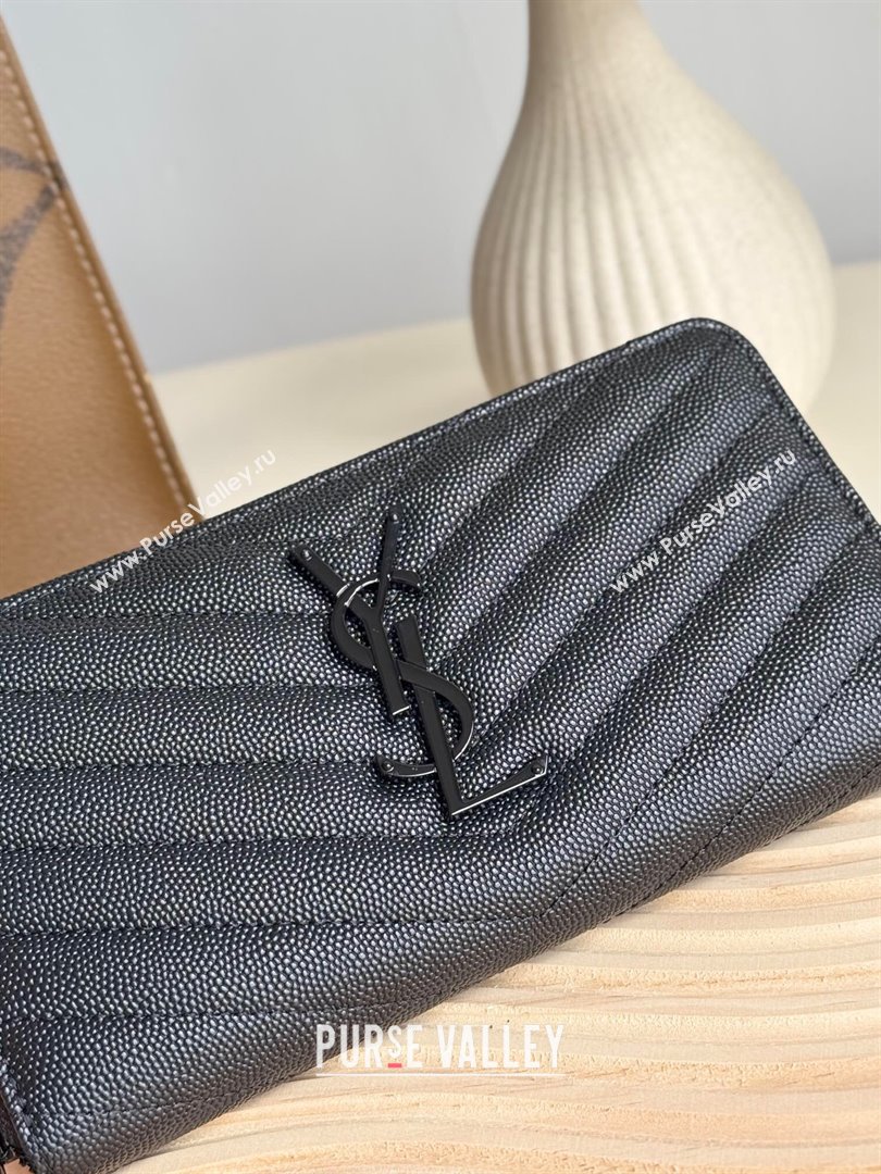 Saint Laurent Cassandre Matelasse Zip Around Wallet in Grained Leather 358094 All Black 2025 (YY-250409061)
