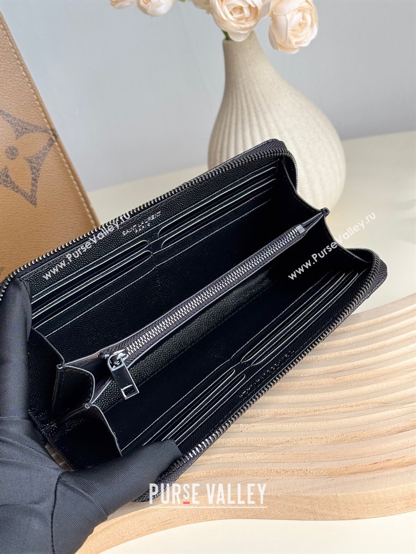 Saint Laurent Cassandre Matelasse Zip Around Wallet in Grained Leather 358094 All Black 2025 (YY-250409061)