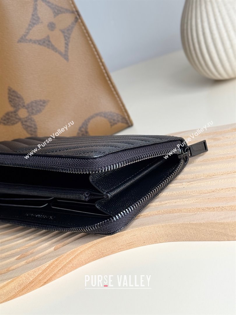Saint Laurent Cassandre Matelasse Zip Around Wallet in Grained Leather 358094 All Black 2025 (YY-250409061)