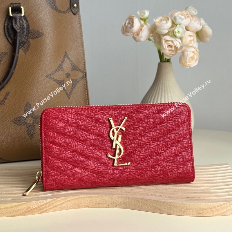 Saint Laurent Cassandre Matelasse Zip Around Wallet in Grained Leather 358094 Red 2025 (YY-250409062)