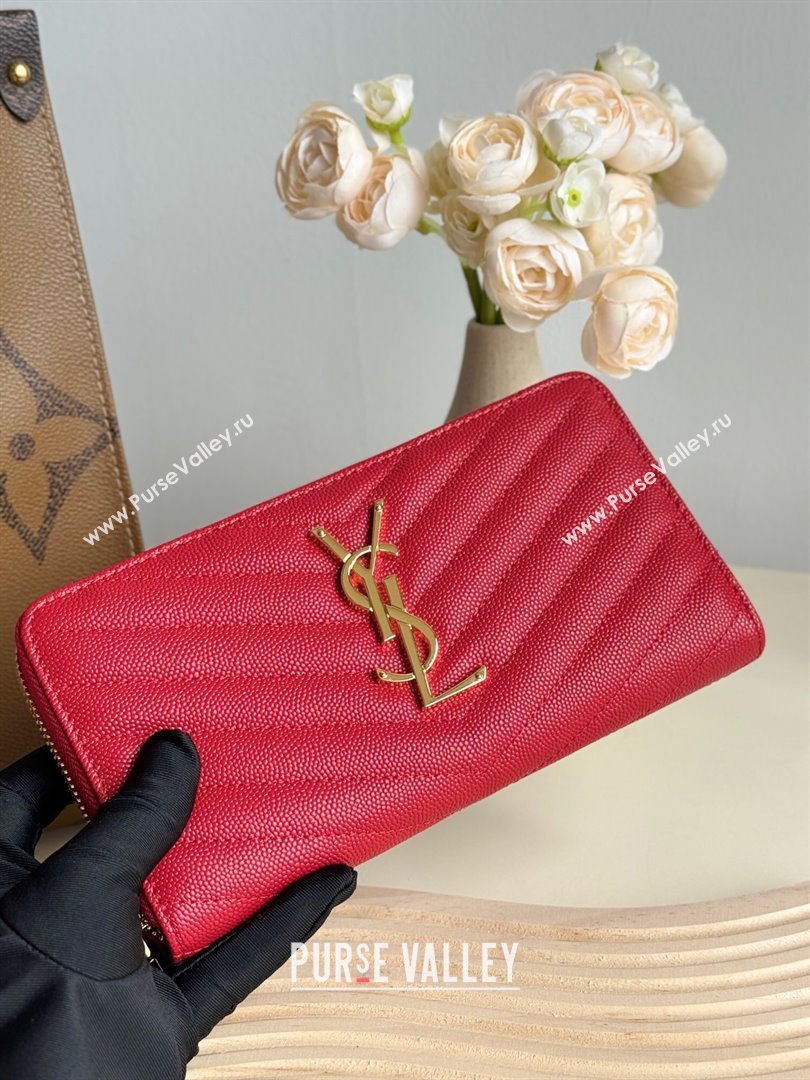 Saint Laurent Cassandre Matelasse Zip Around Wallet in Grained Leather 358094 Red 2025 (YY-250409062)