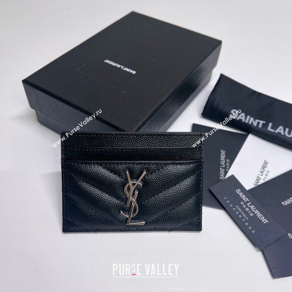 Saint Laurent Grained Leather Card Holder 423291 Black/Silver 2024 (nana-240417063)