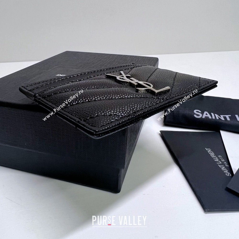 Saint Laurent Grained Leather Card Holder 423291 Black/Silver 2024 (nana-240417063)