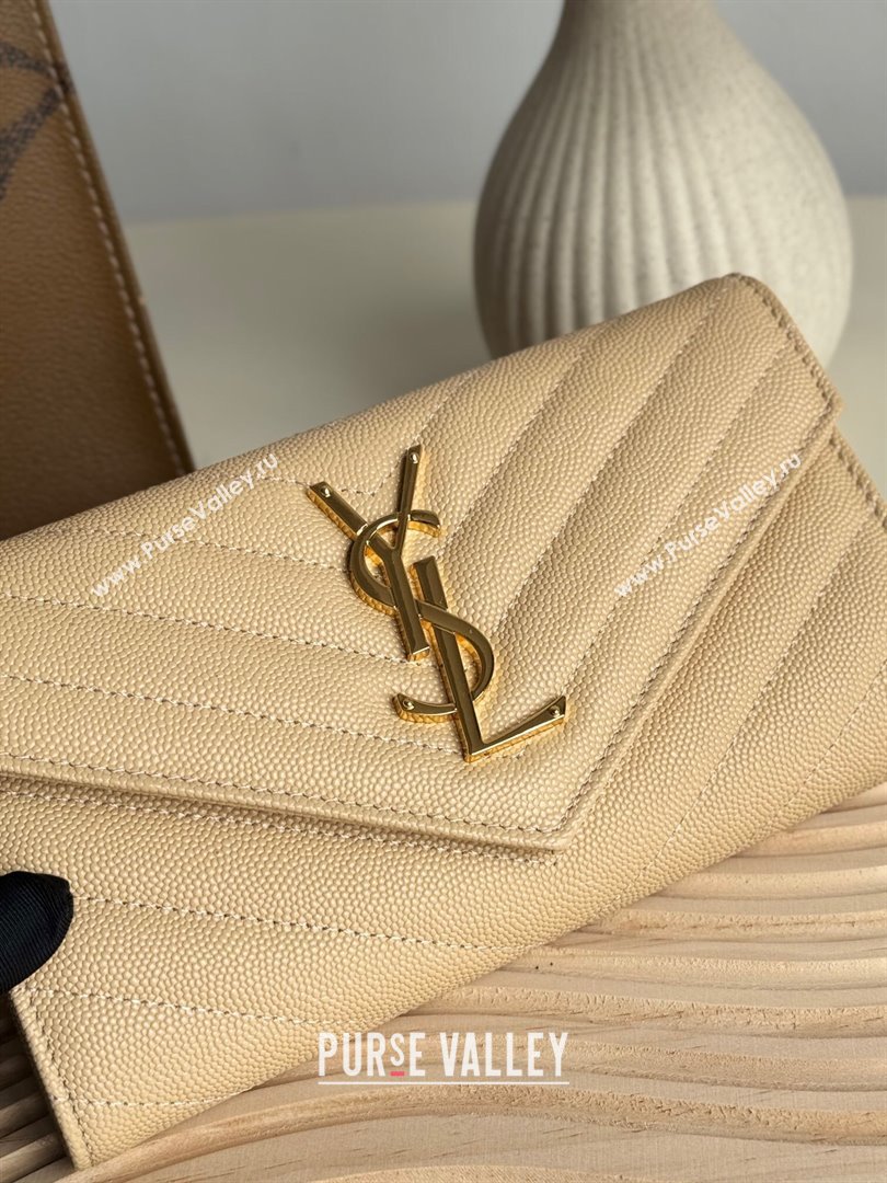 Saint Laurent Envelope Flap Long Wallet in Grained Leather Beige 2025 437469 (YY-250409055)