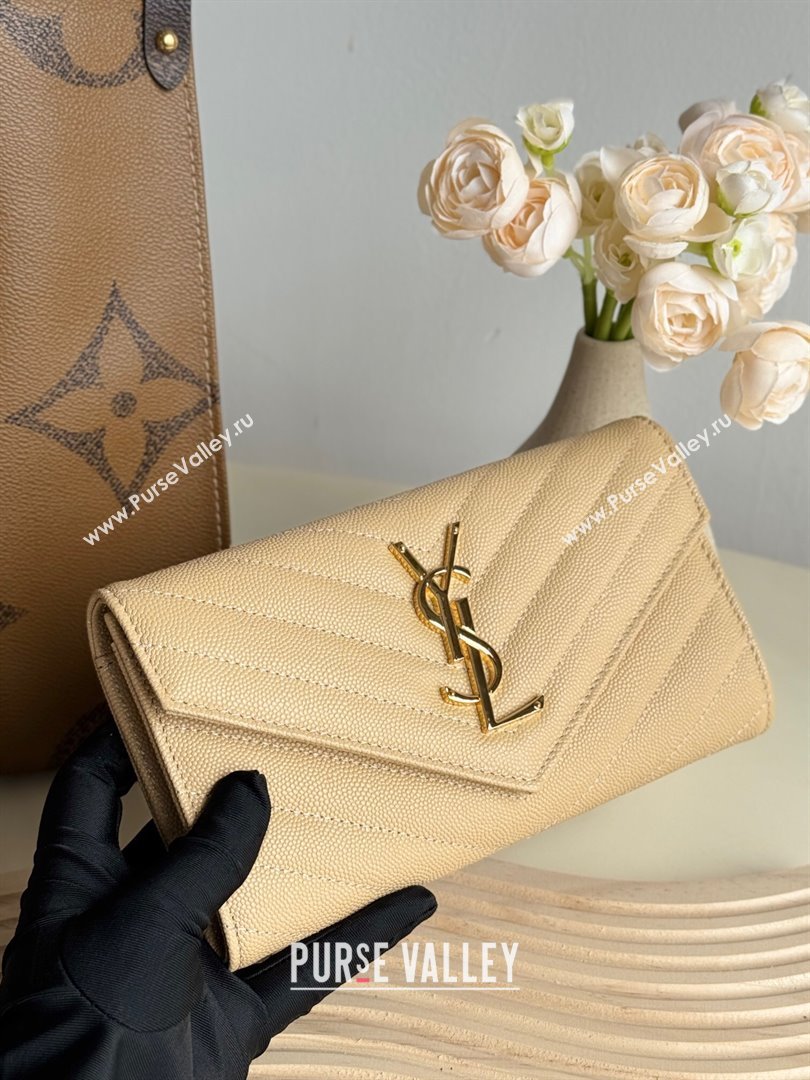 Saint Laurent Envelope Flap Long Wallet in Grained Leather Beige 2025 437469 (YY-250409055)