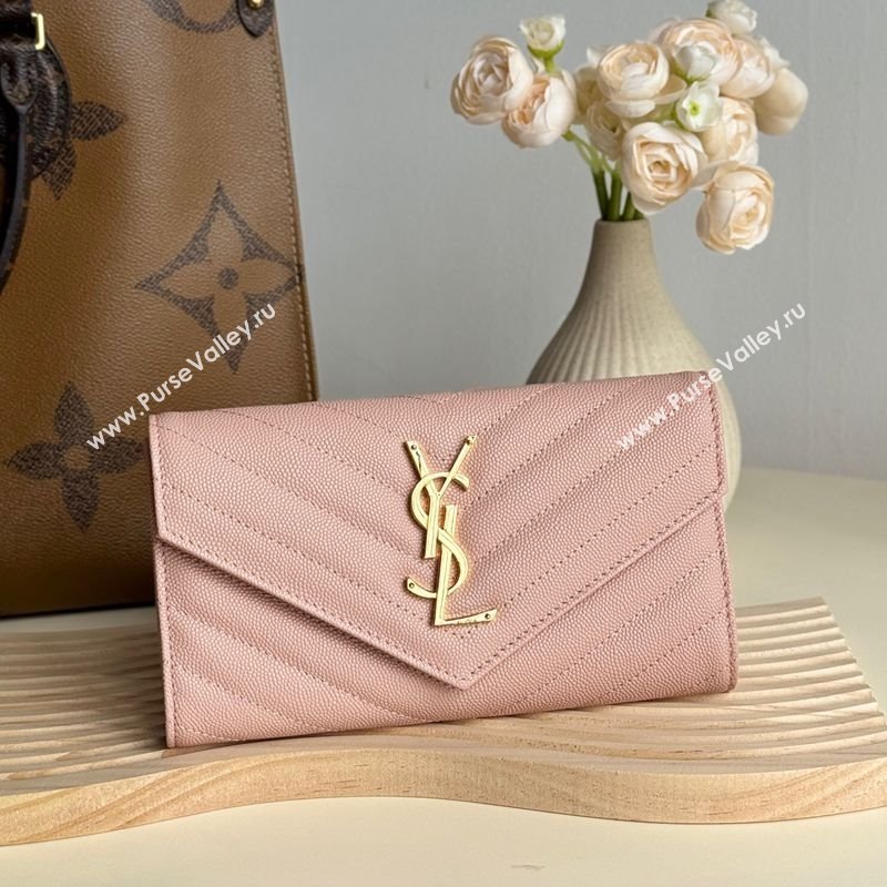 Saint Laurent Envelope Flap Long Wallet in Grained Leather Light Pink 2025 437469 (YY-250409056)