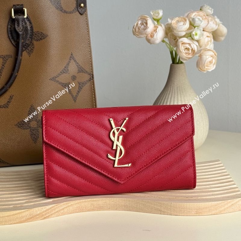 Saint Laurent Envelope Flap Long Wallet in Grained Leather Red 2025 437469 (YY-250409054)