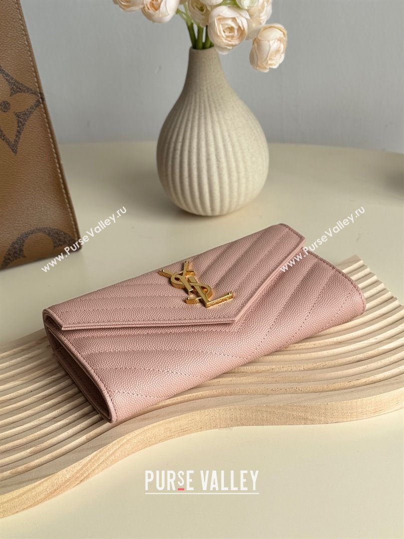 Saint Laurent Envelope Flap Long Wallet in Grained Leather Light Pink 2025 437469 (YY-250409056)