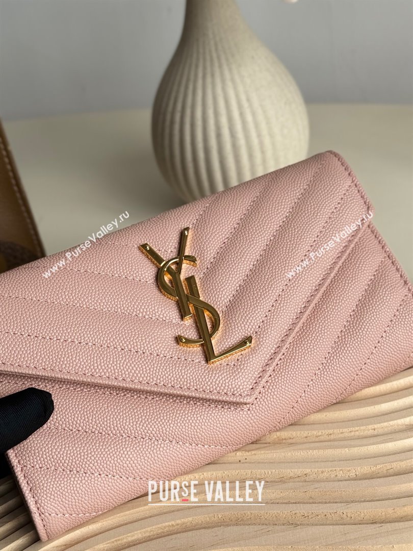 Saint Laurent Envelope Flap Long Wallet in Grained Leather Light Pink 2025 437469 (YY-250409056)