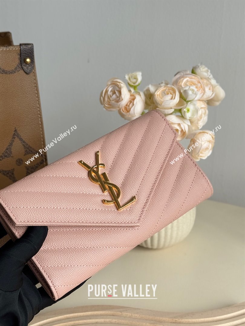 Saint Laurent Envelope Flap Long Wallet in Grained Leather Light Pink 2025 437469 (YY-250409056)