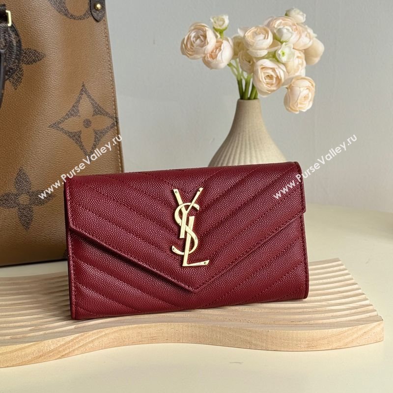 Saint Laurent Envelope Flap Long Wallet in Grained Leather Burgundy 2025 437469 (YY-250409057)