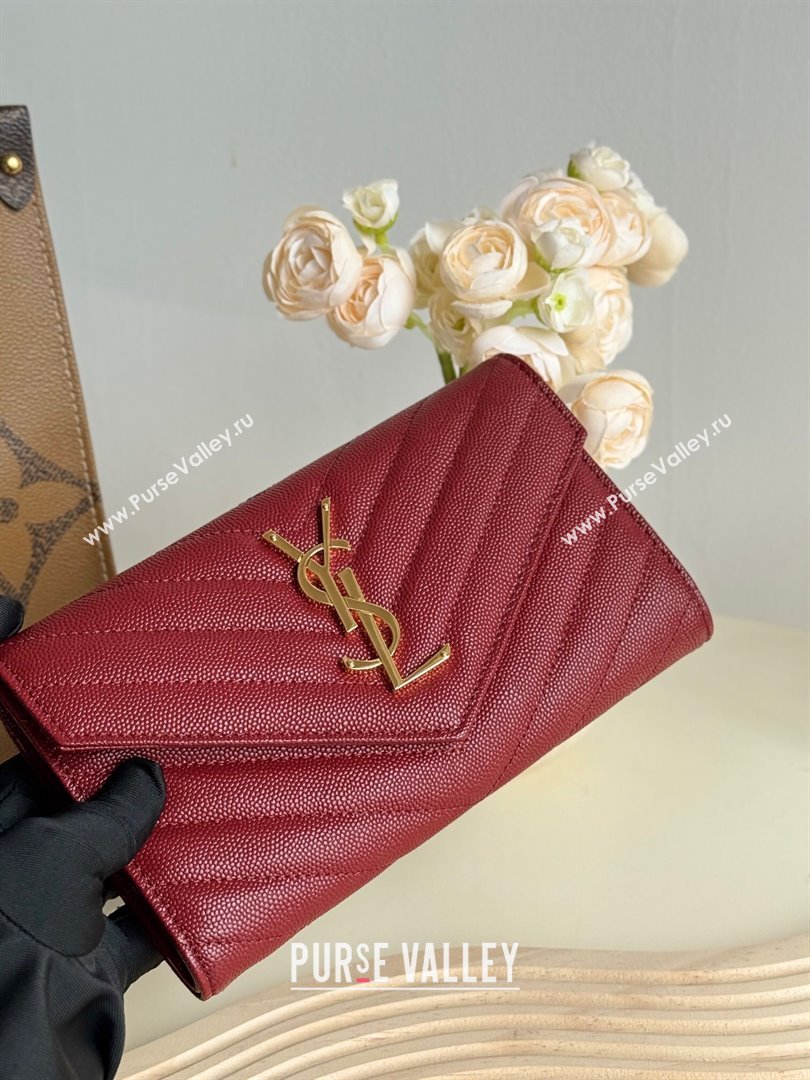 Saint Laurent Envelope Flap Long Wallet in Grained Leather Burgundy 2025 437469 (YY-250409057)