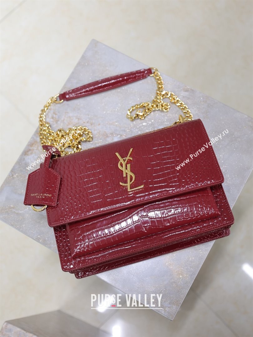 Saint Laurent Sunset Medium Bag in Crocodile Embossed Leather 442906 Red 2025 (YY-250625087)