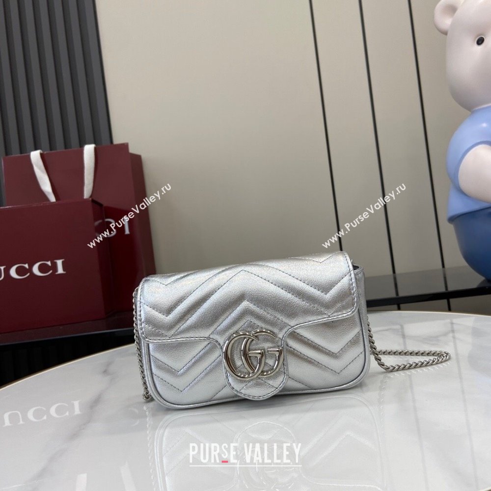 Gucci GG Marmont Matelasse Leather Super Mini Bag ‎476433 Silver-Tone 2025 (XLU-250117044)