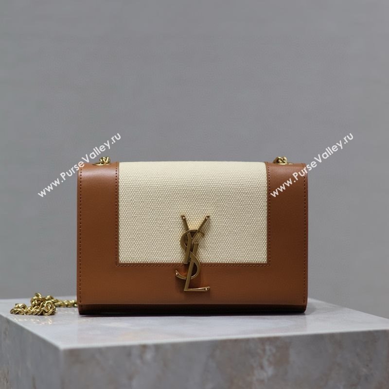 Saint Laurent Kate Small Chain Bag in Cotton Linen and Leather 469390 Brown 2025 (YY-250409108)