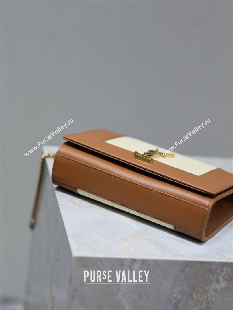Saint Laurent Kate Small Chain Bag in Cotton Linen and Leather 469390 Brown 2025 (YY-250409108)