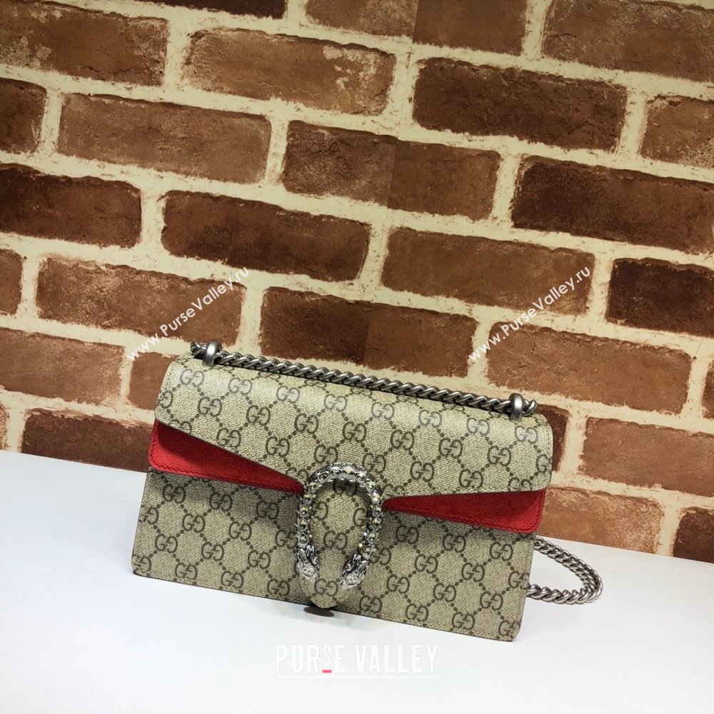 Gucci Dionysus GG Canvas and Suede Small Bag with Strass Beige/Red 2024 499623 (DLH-241104010)