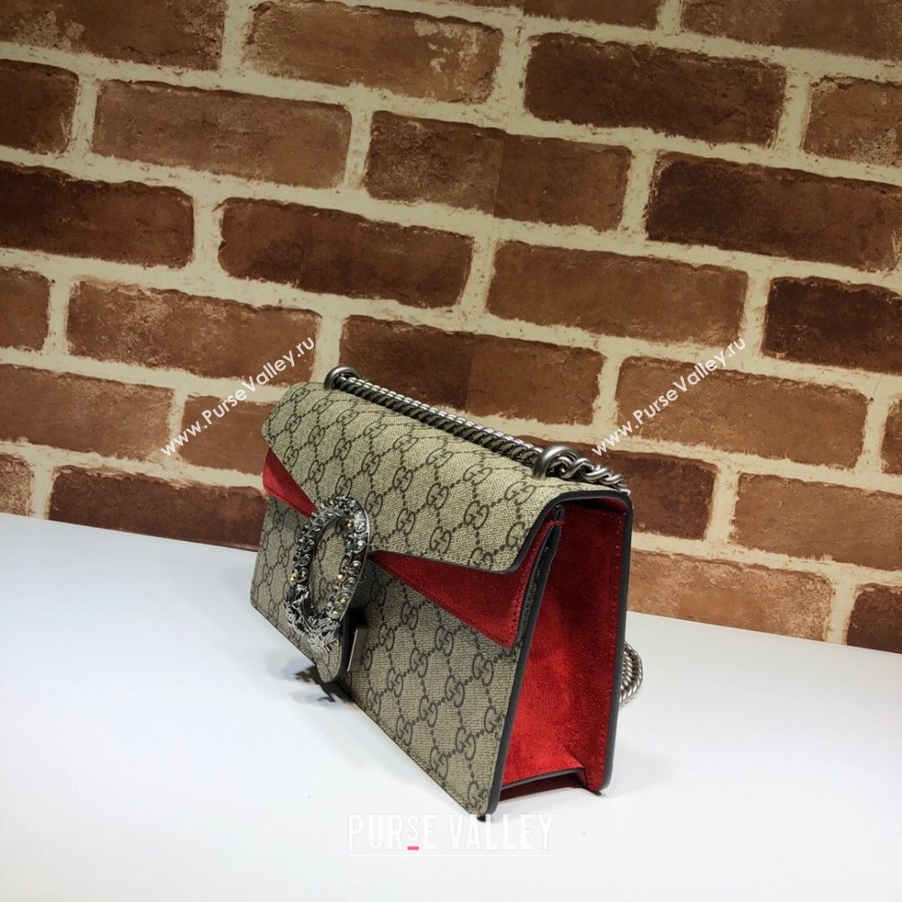 Gucci Dionysus GG Canvas and Suede Small Bag with Strass Beige/Red 2024 499623 (DLH-241104010)