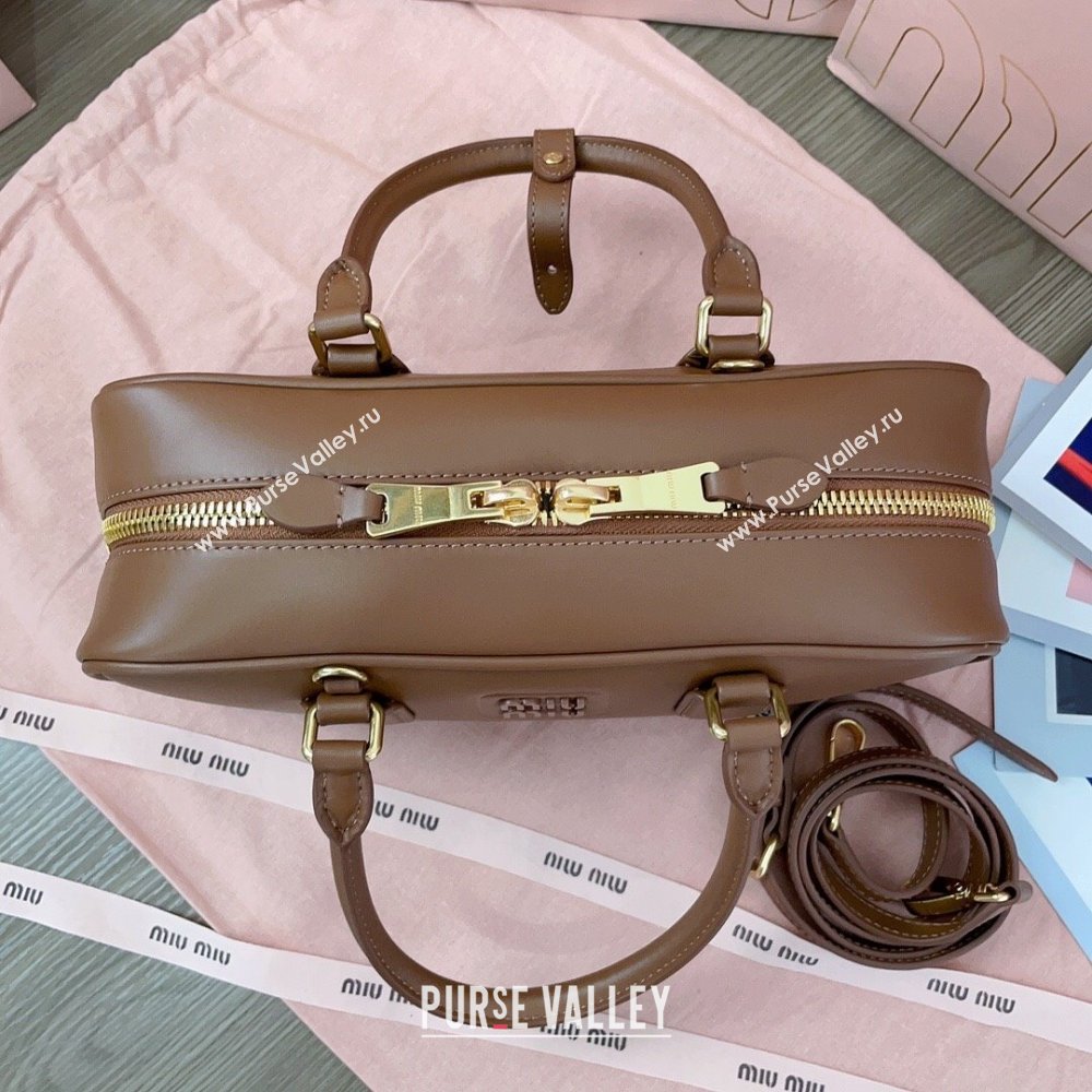 Miu Miu Arcadie Calf Leather top handle bag with Tone-To-Tone Logo Dark Brown 2024 5BB148 (JD-24103023)