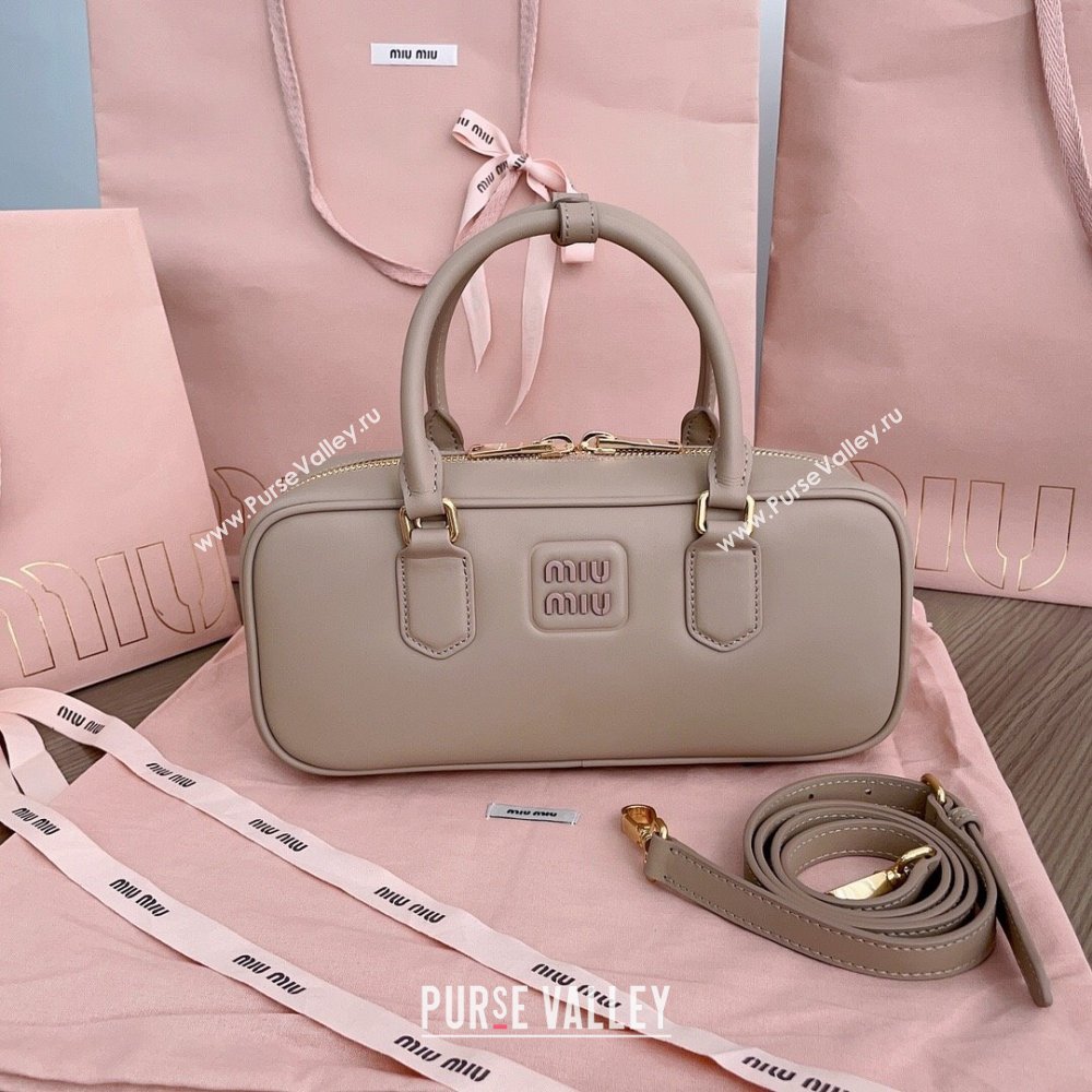 Miu Miu Arcadie Calf Leather top handle bag with Tone-To-Tone Logo Beige Grey 2024 5BB148 (JD-24103026)