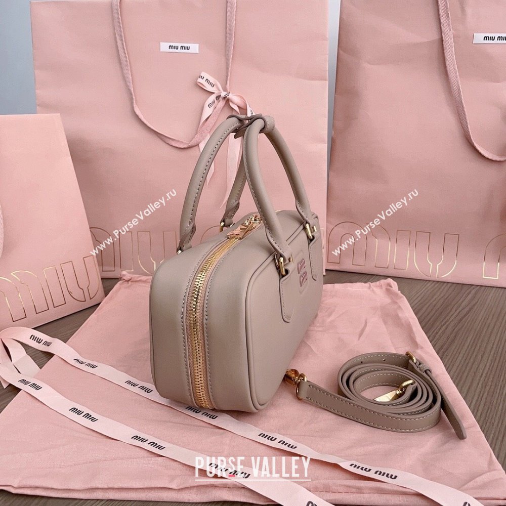 Miu Miu Arcadie Calf Leather top handle bag with Tone-To-Tone Logo Beige Grey 2024 5BB148 (JD-24103026)