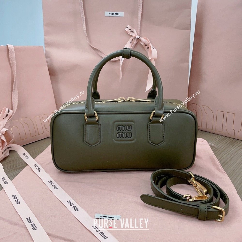 Miu Miu Arcadie Calf Leather top handle bag with Tone-To-Tone Logo Khaki Green 2024 5BB148 (JD-24103027)