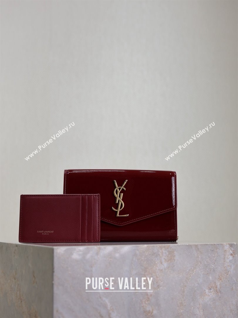 Saint Laurent Uptown Chain Wallet in Patent Leather Dark Burgundy 2025 607788 (YY-250625114)