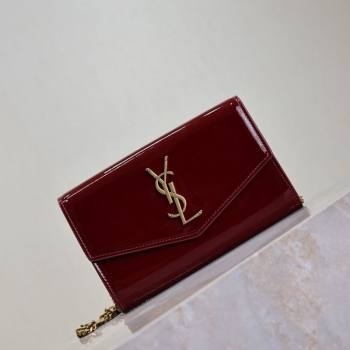 Saint Laurent Uptown Chain Wallet in Patent Leather Dark Burgundy 2025 607788 (YY-250625114)