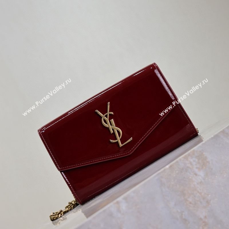 Saint Laurent Uptown Chain Wallet in Patent Leather Dark Burgundy 2025 607788 (YY-250625114)