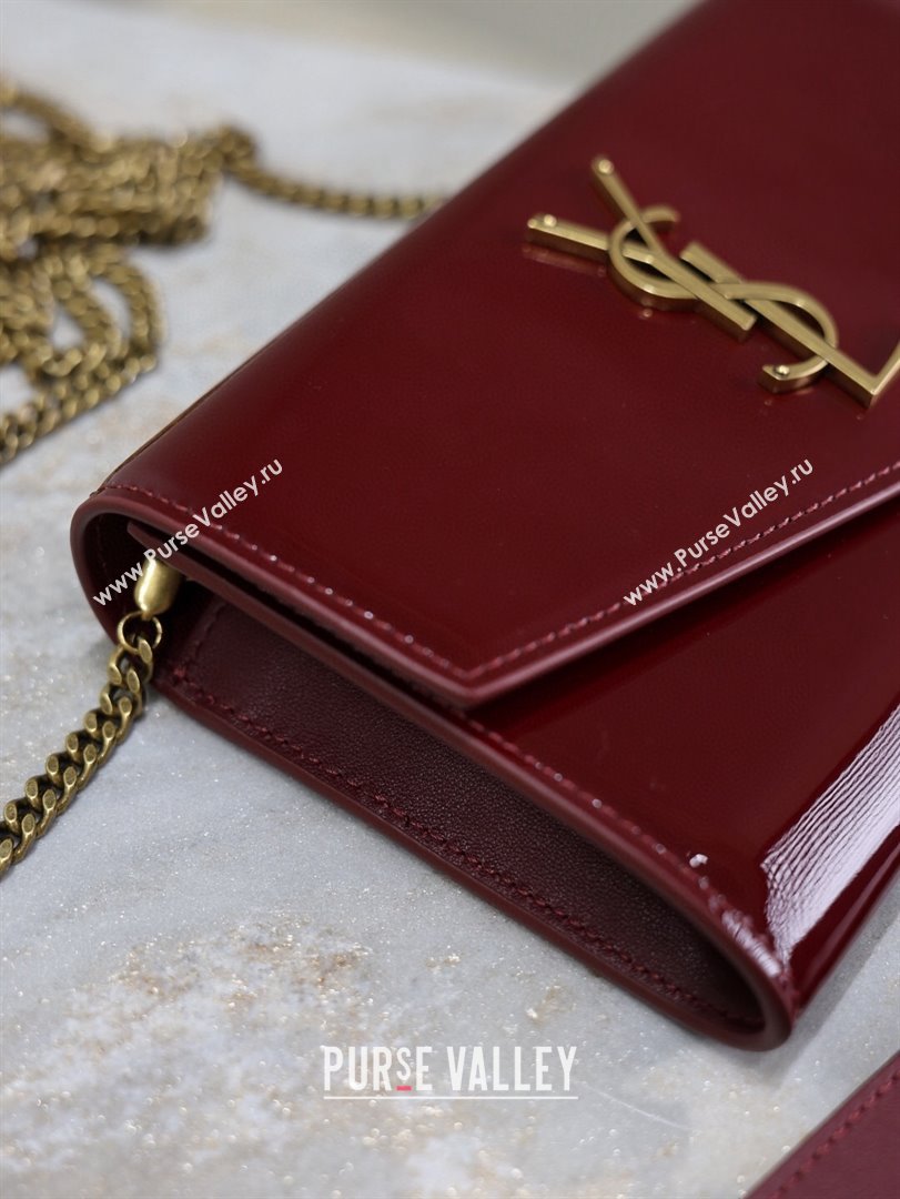 Saint Laurent Uptown Chain Wallet in Patent Leather Dark Burgundy 2025 607788 (YY-250625114)