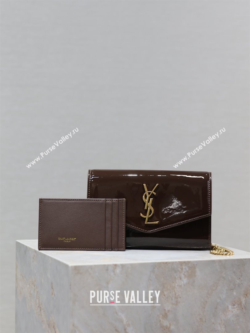 Saint Laurent Uptown Chain Wallet in Patent Leather Brown 2025 607788 (YY-250625115)