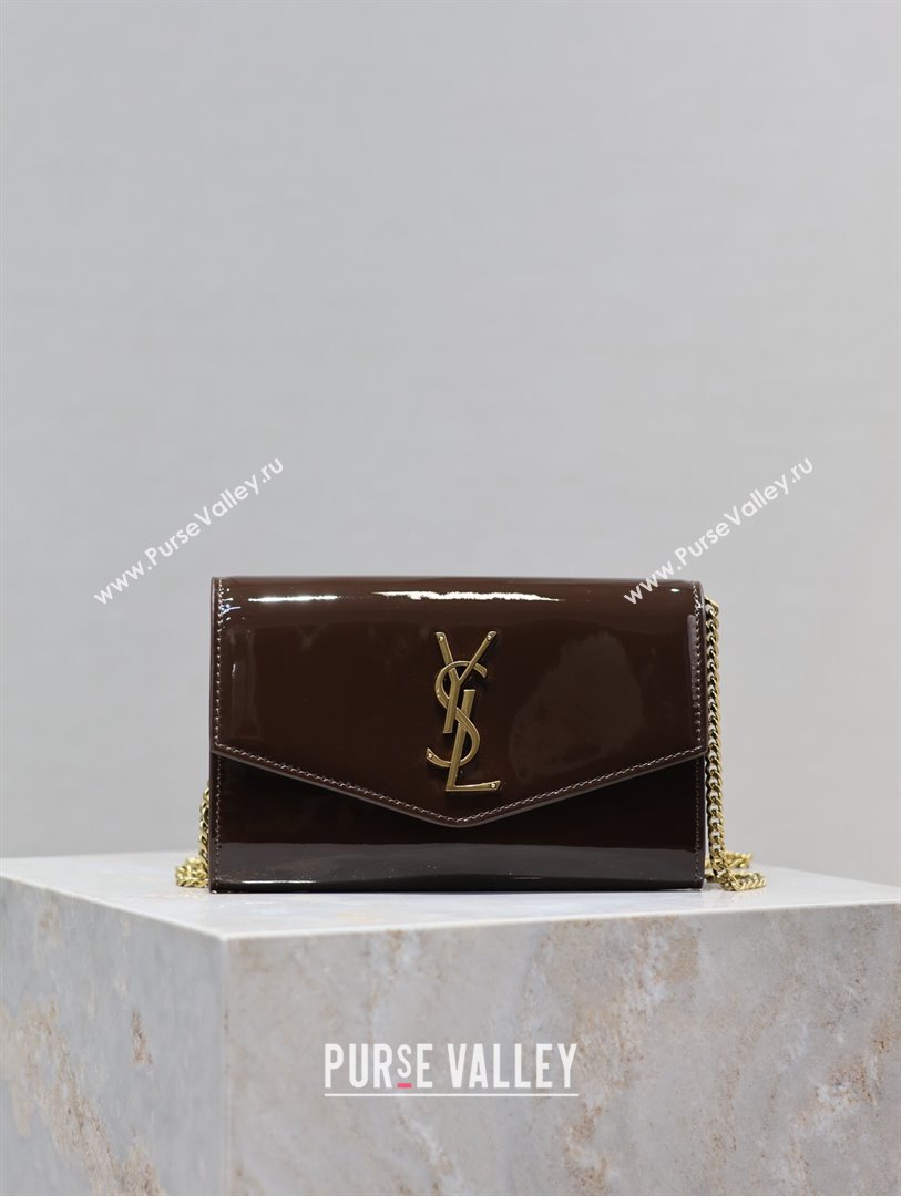Saint Laurent Uptown Chain Wallet in Patent Leather Brown 2025 607788 (YY-250625115)