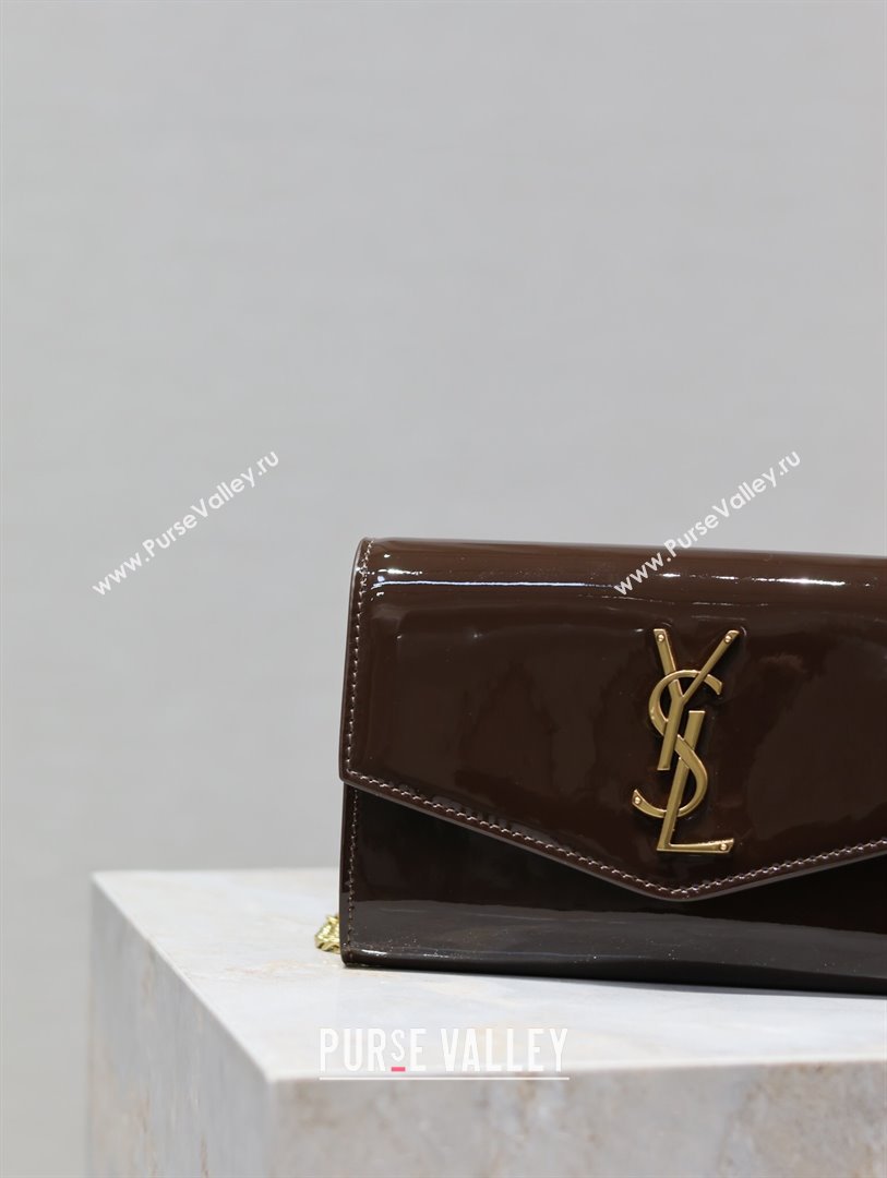 Saint Laurent Uptown Chain Wallet in Patent Leather Brown 2025 607788 (YY-250625115)