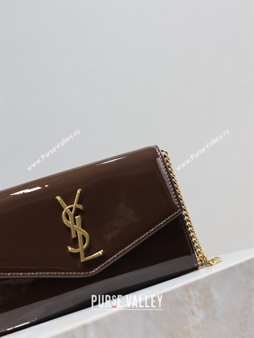 Saint Laurent Uptown Chain Wallet in Patent Leather Brown 2025 607788 (YY-250625115)
