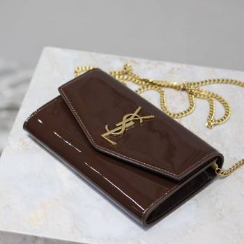 Saint Laurent Uptown Chain Wallet in Patent Leather Brown 2025 607788 (YY-250625115)