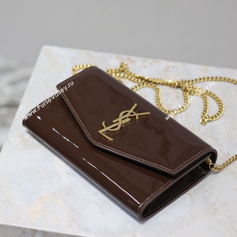 Saint Laurent Uptown Chain Wallet in Patent Leather Brown 2025 607788 (YY-250625115)