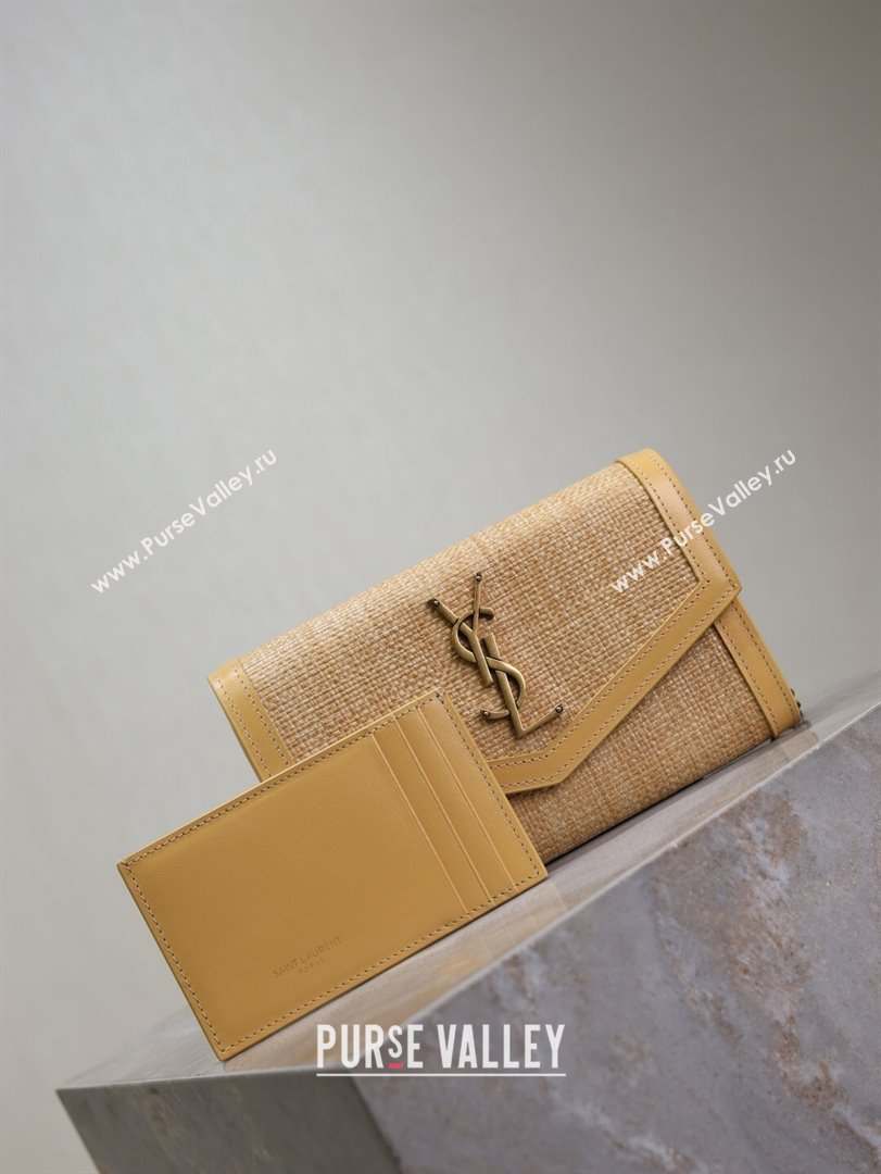 Saint Laurent Uptown Chain Wallet in Straw and Leather Yellow 2025 607788 (YY-250625113)