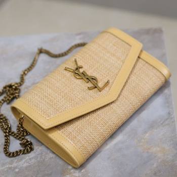 Saint Laurent Uptown Chain Wallet in Straw and Leather Yellow 2025 607788 (YY-250625113)