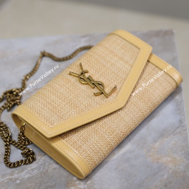 Saint Laurent Uptown Chain Wallet in Straw and Leather Yellow 2025 607788 (YY-250625113)